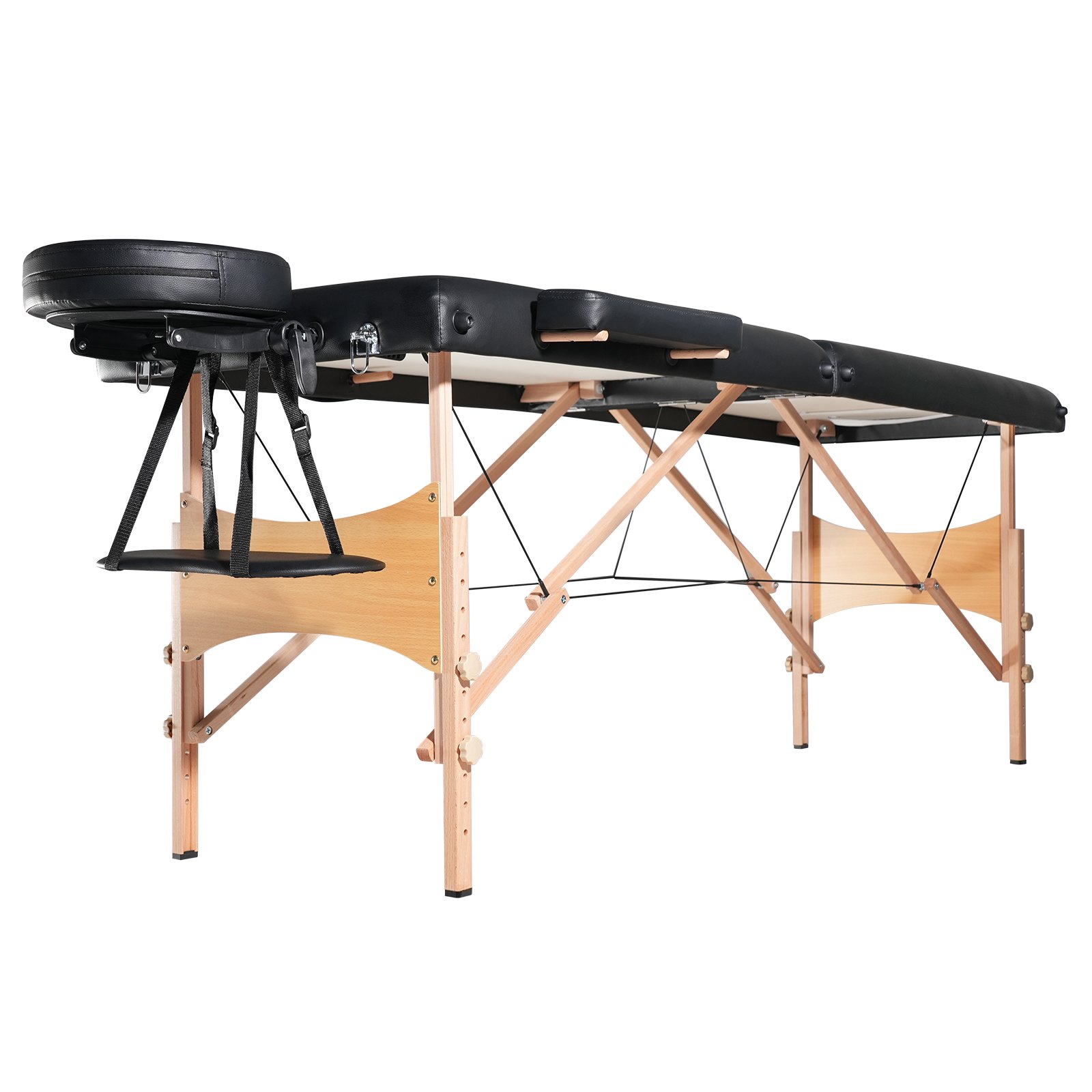 Mesa de masaje portátil VEVOR con patas de madera ajustables, cojín negro y soporte facial desmontable.