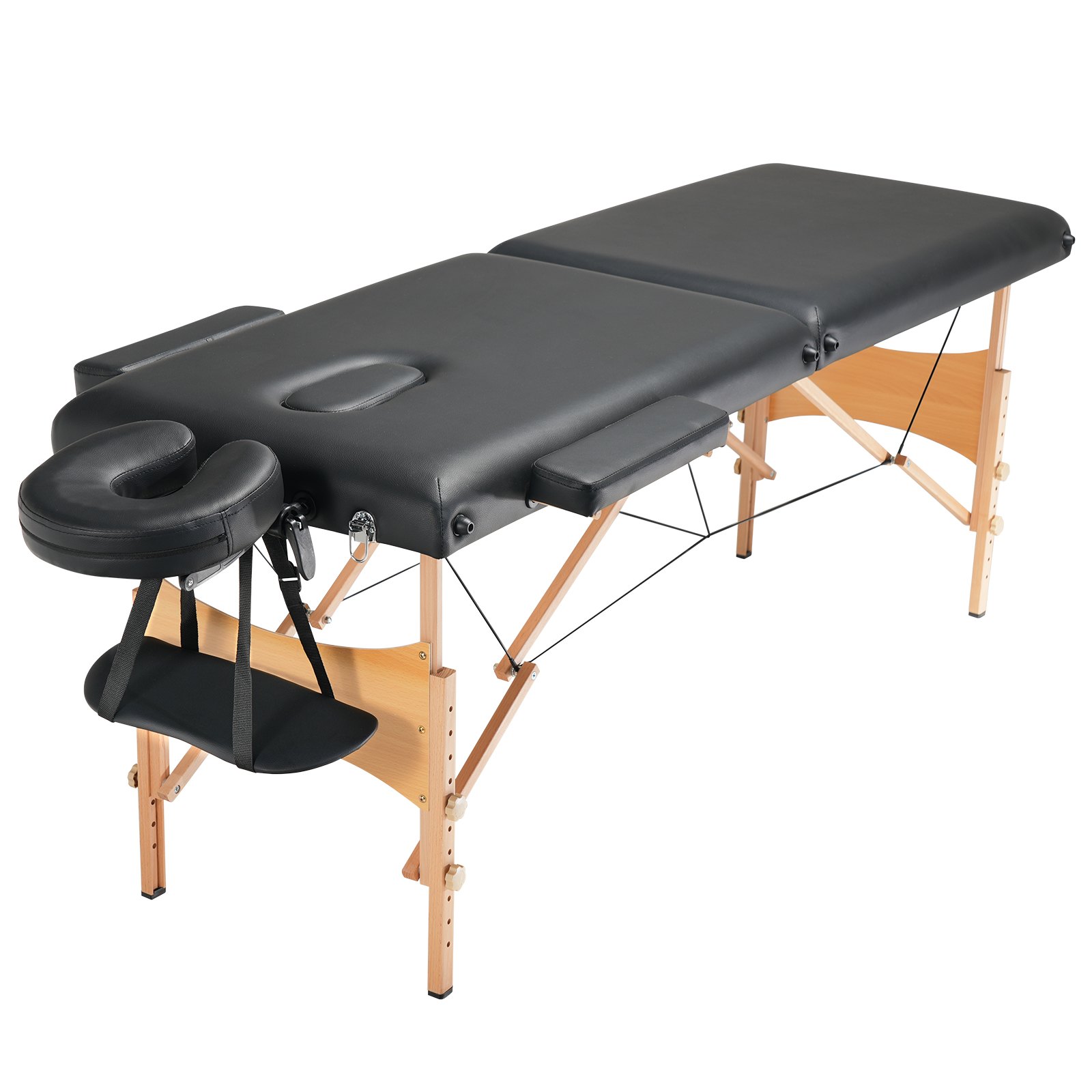 Camilla de masaje portátil VEVOR con reposacabezas, reposabrazos y patas de madera, tapizado en color negro.