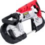 Sierra de cinta portátil VEVOR con mango ergonómico y detalles en rojo y negro.