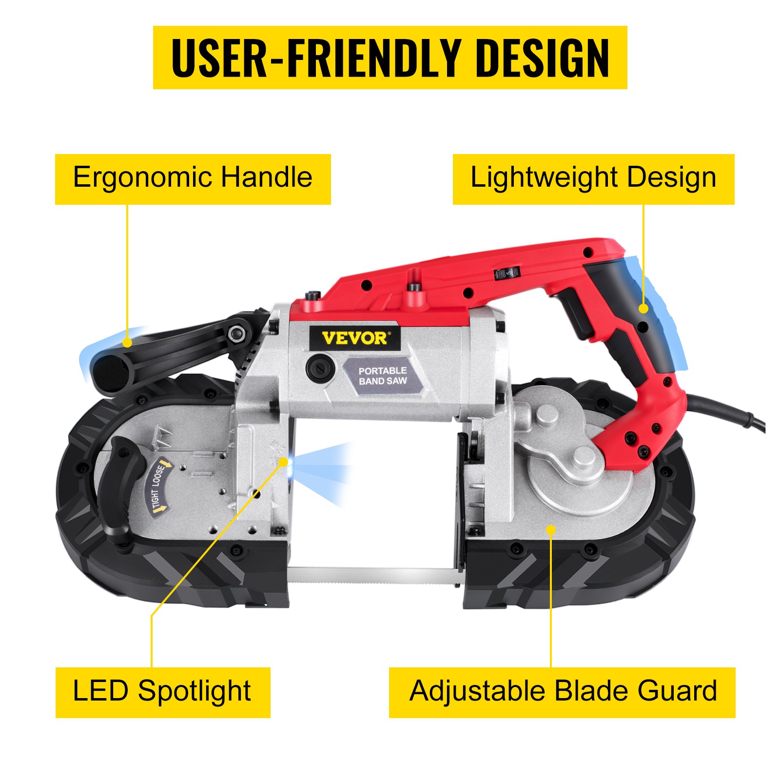 Sierra de cinta portátil VEVOR con mango ergonómico, foco LED y protector de hoja ajustable.