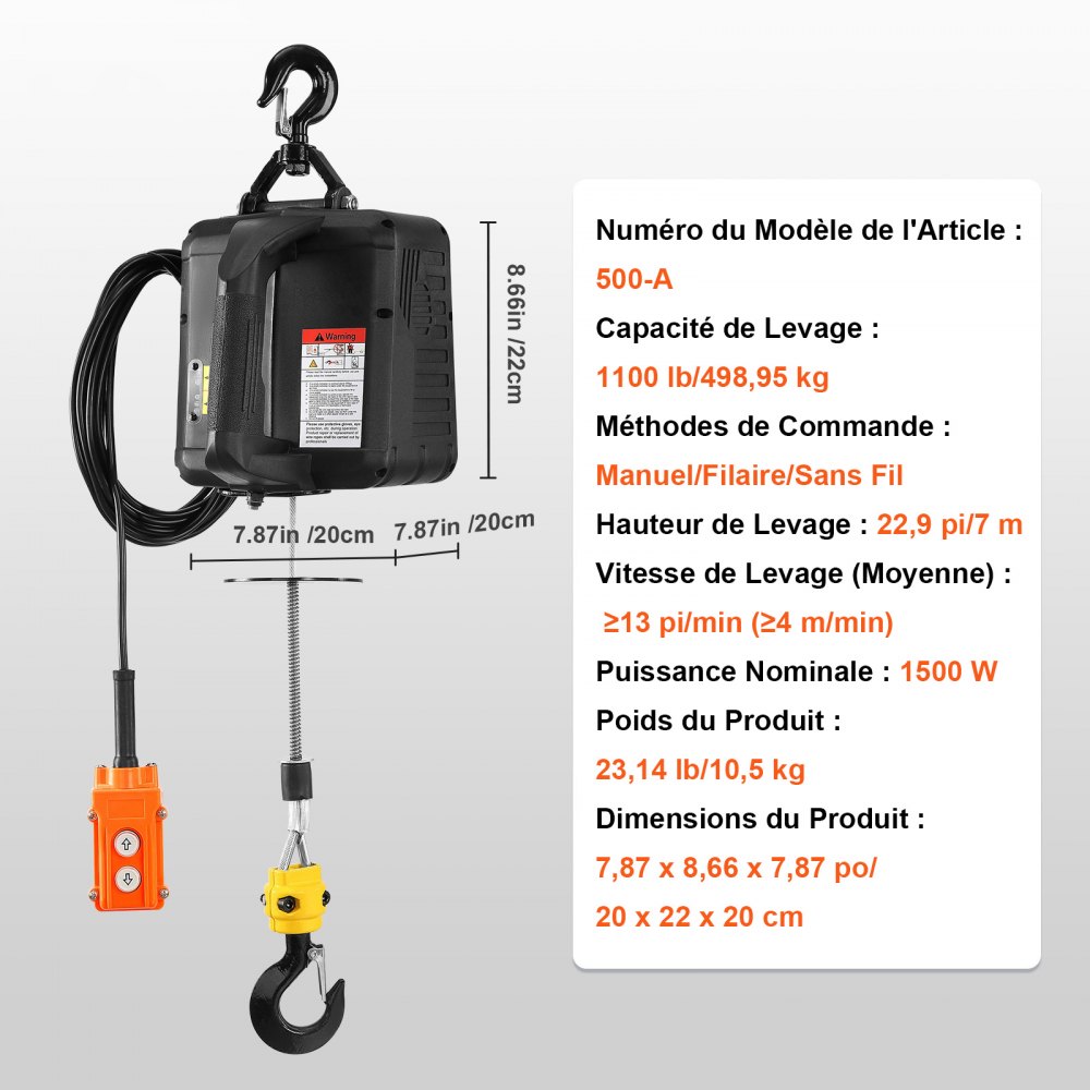 Cabrestante eléctrico 3 en 1 VEVOR, grúa portátil de 1100 lb y 1500 W, 110 V/120 V, altura de elevación de 22,9 pies, 13 pies/min con control remoto manual, con cable e inalámbrico, protección contra sobrecargas.