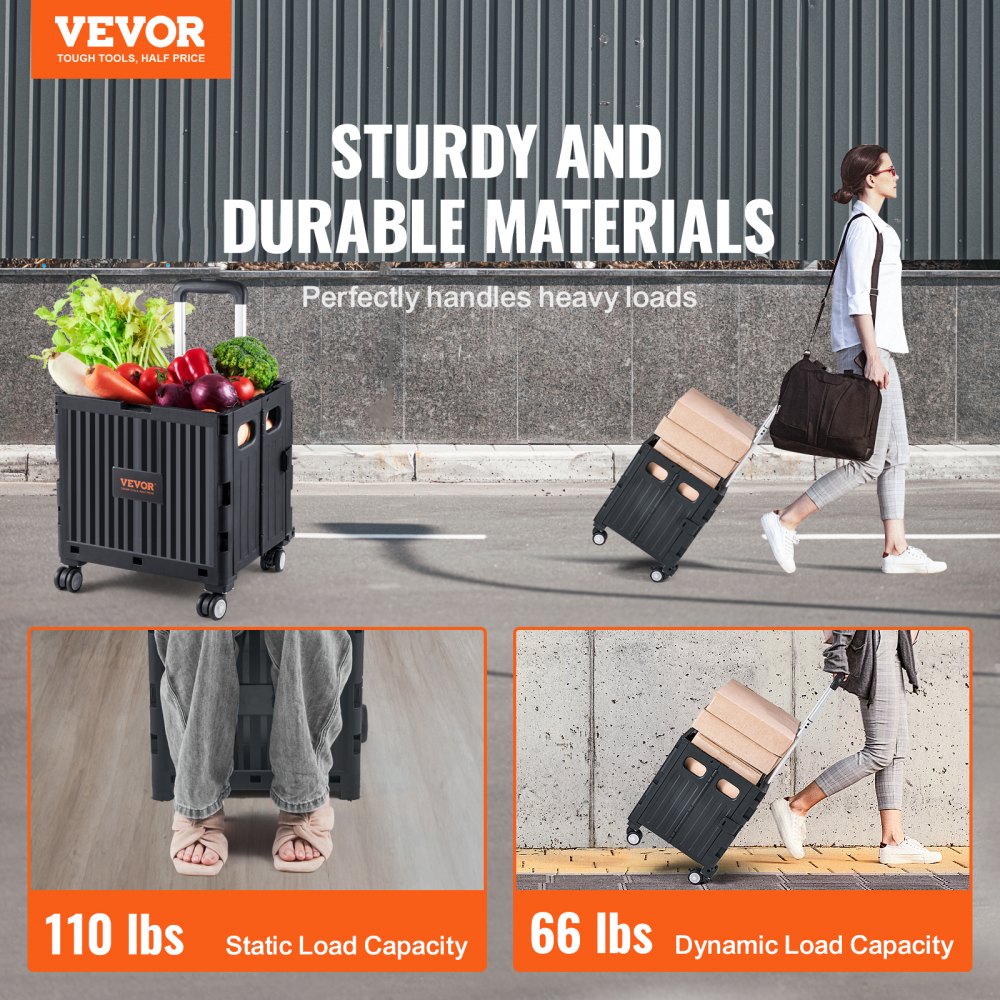 VEVOR - Carrito de servicio plegable con capacidad de carga de 50 kg, carrito de mano portátil con ruedas y asa telescópica resistente, 4 ruedas giratorias para viajes, compras, mudanzas, equipaje y uso en la oficina, color negro