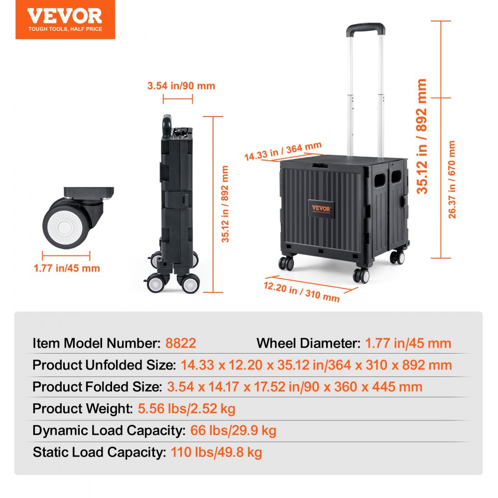 VEVOR - Carrito de servicio plegable con capacidad de carga de 50 kg, carrito de mano portátil con ruedas y asa telescópica resistente, 4 ruedas giratorias para viajes, compras, mudanzas, equipaje y uso en la oficina, color negro