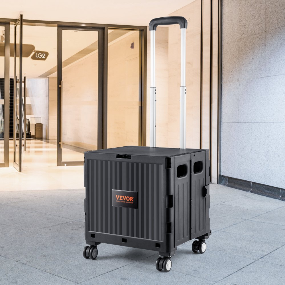VEVOR - Carrito de servicio plegable con capacidad de carga de 50 kg, carrito de mano portátil con ruedas y asa telescópica resistente, 4 ruedas giratorias para viajes, compras, mudanzas, equipaje y uso en la oficina, color negro