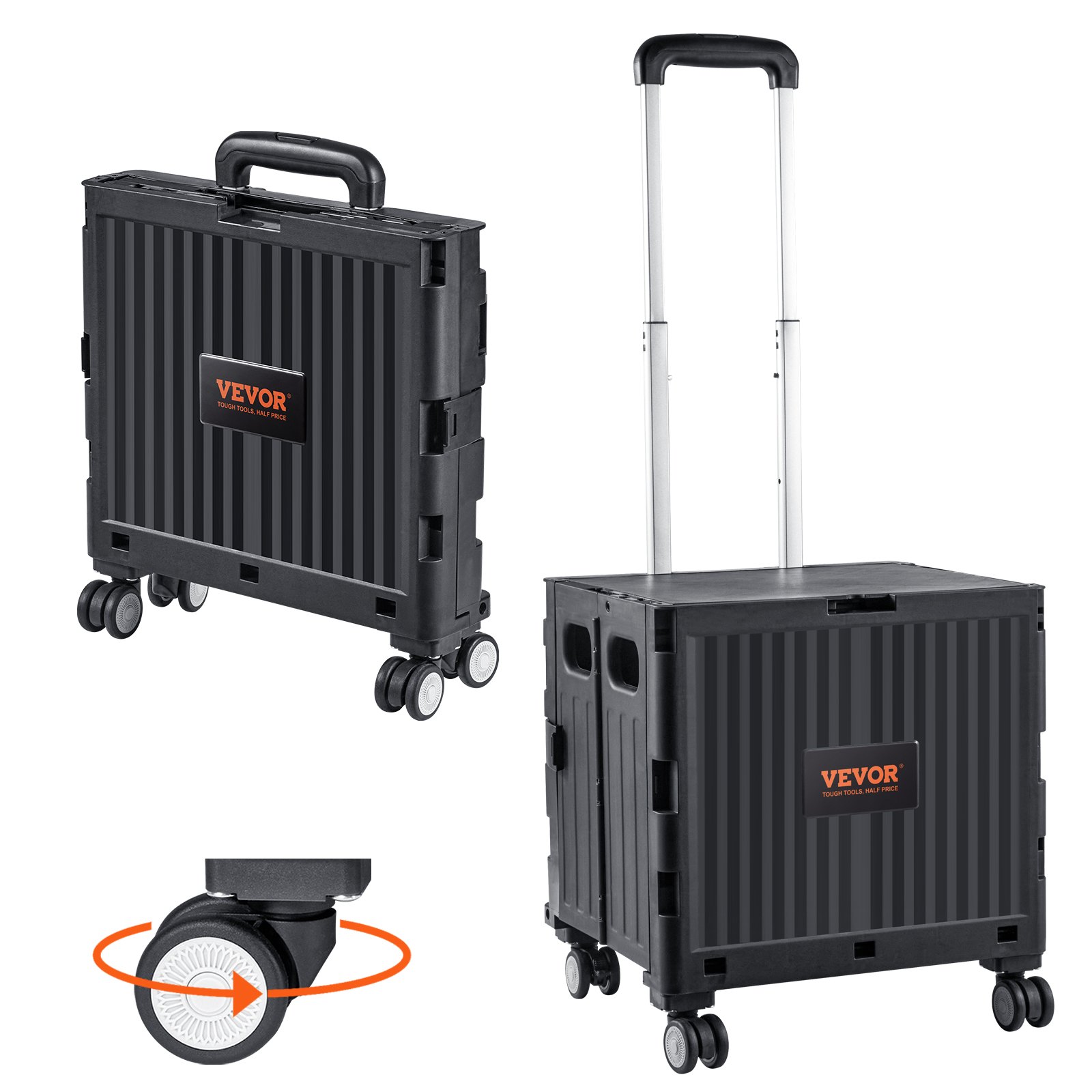 Carrito utilitario plegable VEVOR en color negro con mango telescópico y ruedas giratorias para fácil movilidad.