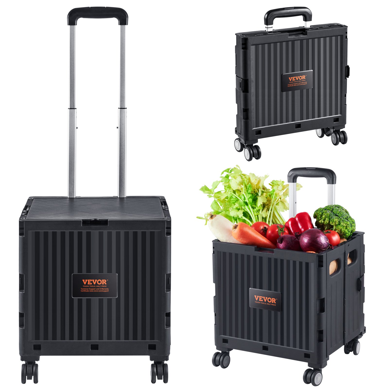 Carrito utilitario plegable VEVOR mostrado vacío, plegado y lleno de verduras frescas.