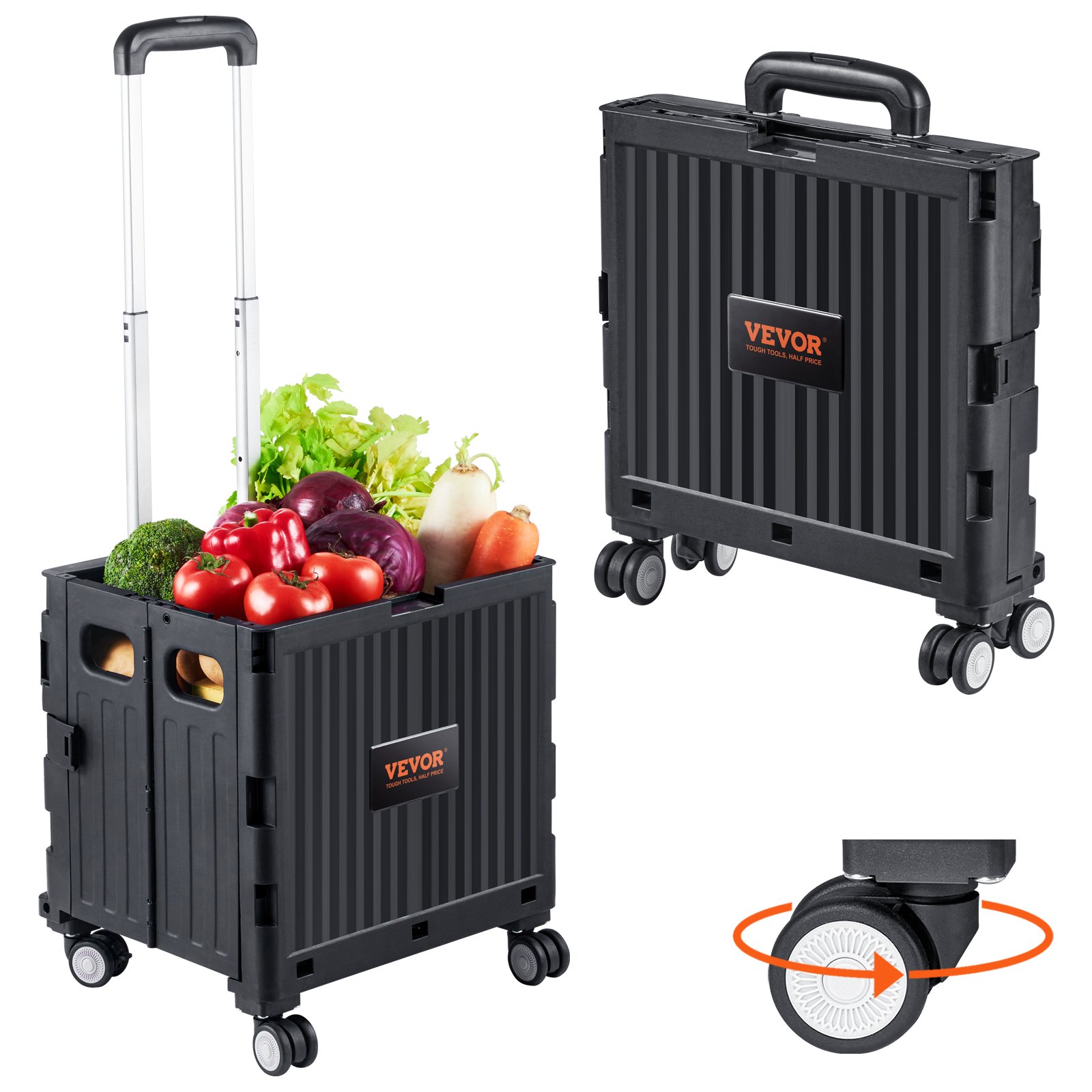Carrito utilitario plegable VEVOR lleno de verduras, mostrado plegado y expandido, con ruedas giratorias.