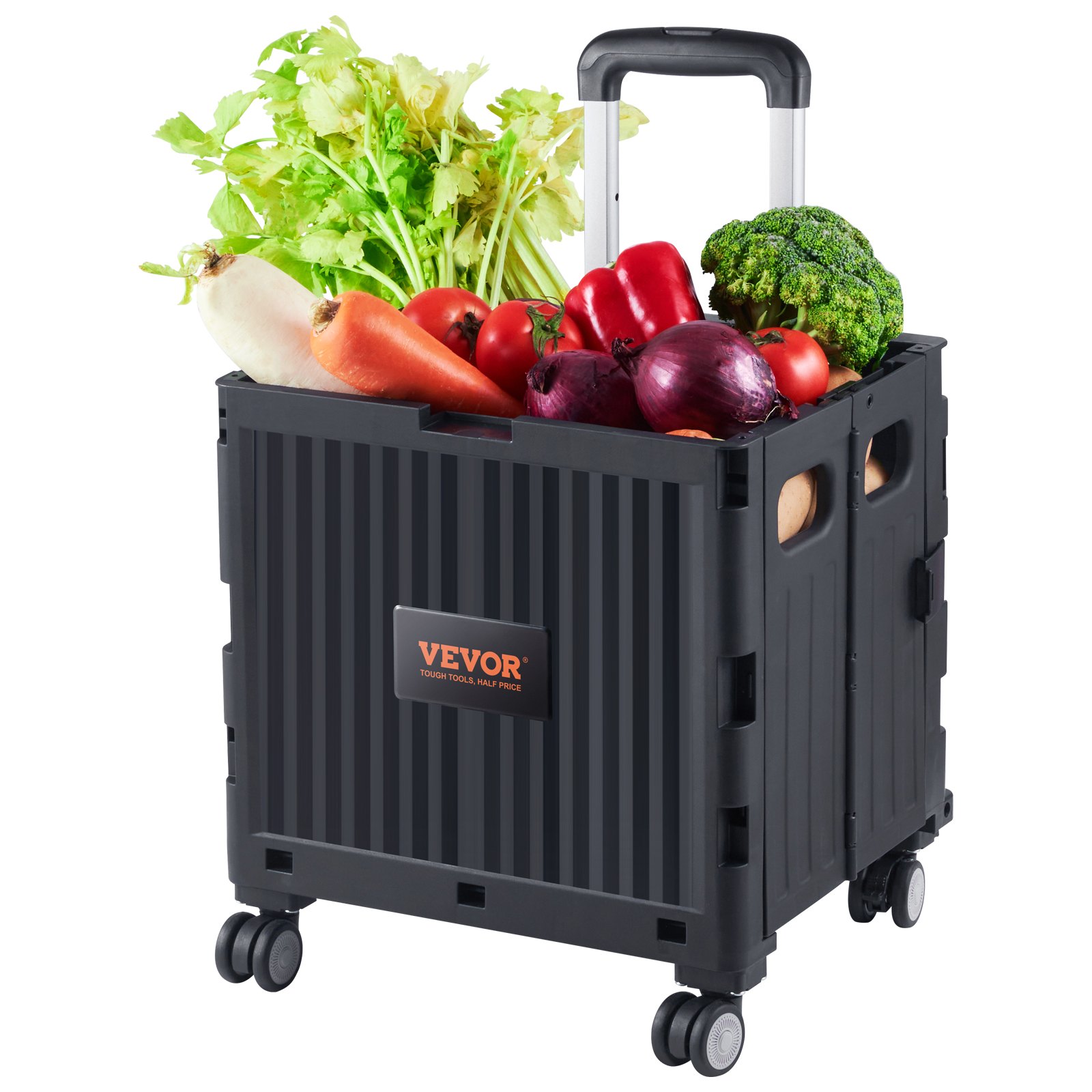 Carrito utilitario plegable VEVOR cargado con verduras frescas, incluidos apio, zanahorias, tomates y brócoli.