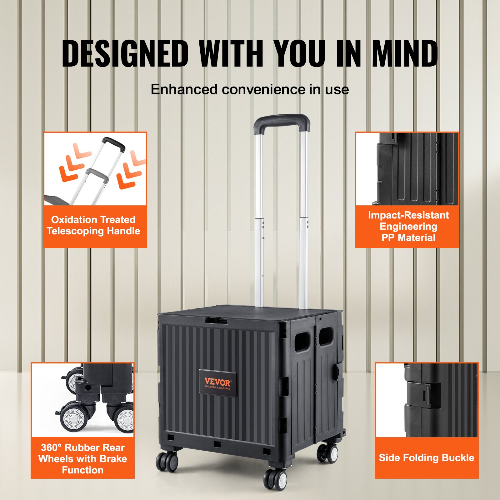 VEVOR - Carrito de servicio plegable con capacidad de carga de 50 kg, carrito de mano portátil con ruedas y asa telescópica resistente, 4 ruedas giratorias para viajes, compras, mudanzas, equipaje y uso en la oficina, color negro