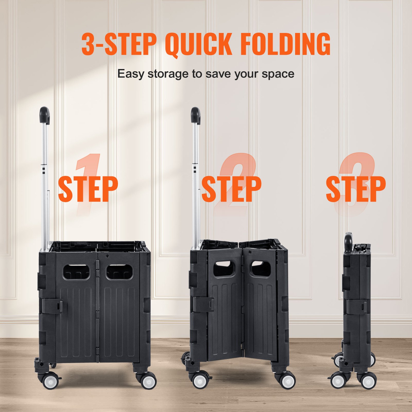 VEVOR - Carrito de servicio plegable con capacidad de carga de 50 kg, carrito de mano portátil con ruedas y asa telescópica resistente, 4 ruedas giratorias para viajes, compras, mudanzas, equipaje y uso en la oficina, color negro
