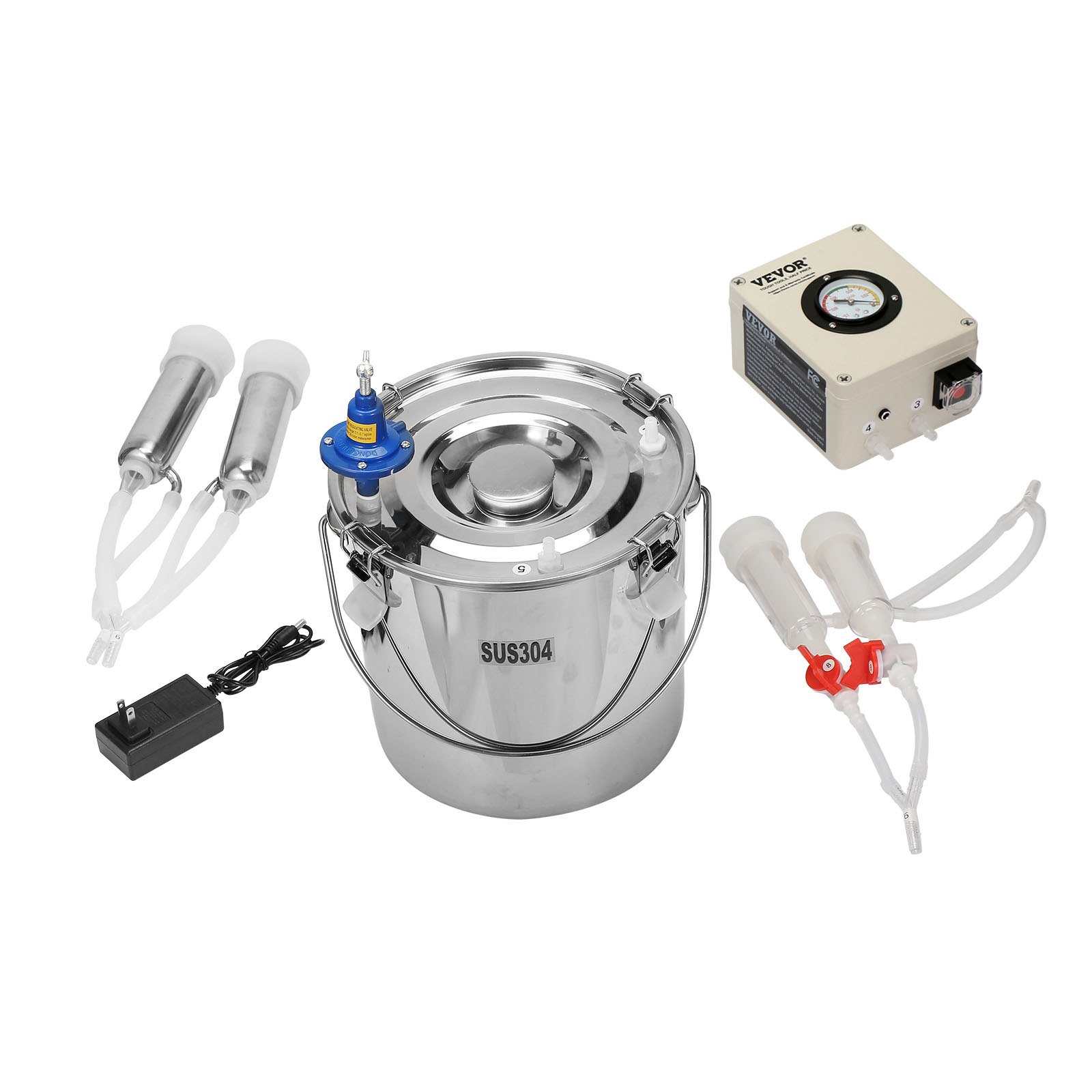 Ordeñadora de cabras VEVOR, cubo de acero inoxidable 304 de 12 L, ordeñadora eléctrica automática de vacío por pulsación, ordeñadora portátil con vasos y tubos de silicona de grado alimenticio, succión ajustable para vacas y ovejas.