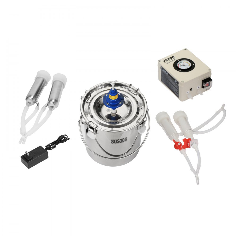Ordeñadora de cabras VEVOR, cubo de acero inoxidable 304 de 6 L, ordeñadora eléctrica automática de pulsación al vacío, ordeñadora portátil con vasos y tubos de silicona de grado alimenticio, succión ajustable para vacas y ovejas.
