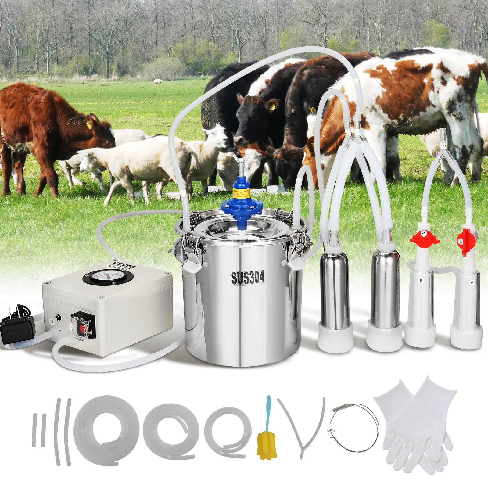 Ordeñadora de cabras VEVOR, cubo de acero inoxidable 304 de 6 L, ordeñadora eléctrica automática de pulsación al vacío, ordeñadora portátil con vasos y tubos de silicona de grado alimenticio, succión ajustable para vacas y ovejas.