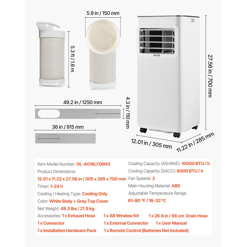 VEVOR Portable Air Conditioner, 10000 BTU ASHRAE (6000 BTU SACC) 3-in-1 Standing Cooling Ac Unit, with LED Touch Panel & Remote Control, 24h Timer, Cooling, Dehumidifier, Fan for Room Indoor, White