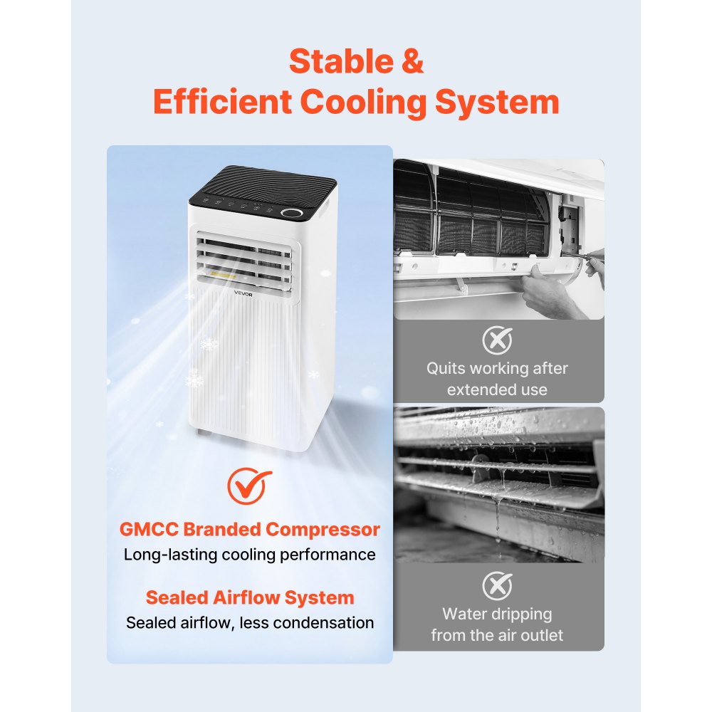 Aire acondicionado portátil VEVOR, 8000 BTU ASHRAE (5000 BTU SACC), unidad de refrigeración vertical 3 en 1, con panel táctil LED y control remoto, temporizador de 24 horas, refrigeración, deshumidificación y ventilador para interiores, color blanco.