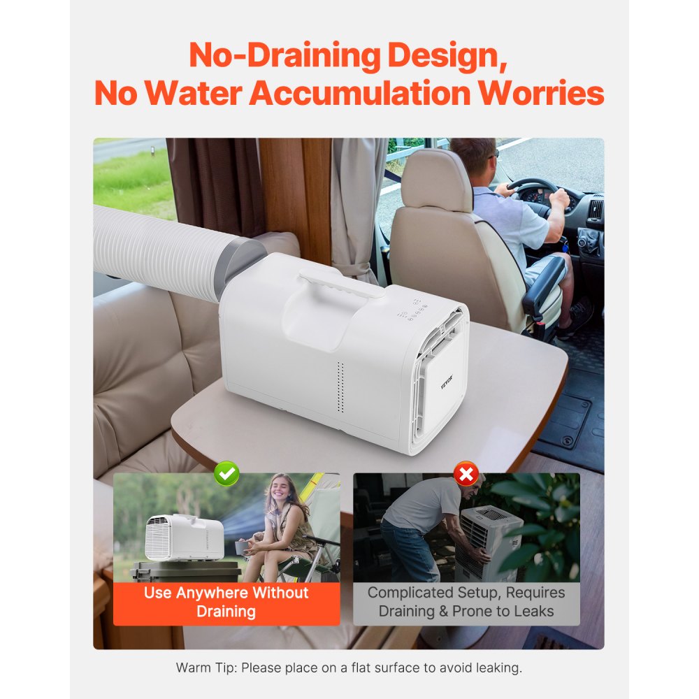 Aire acondicionado portátil VEVOR, 4250 BTU, 3 velocidades, temporizador de 24 horas, control remoto, temperatura ajustable de 16 a 32 °C, para acampar al aire libre, autocaravanas o uso doméstico, color blanco.