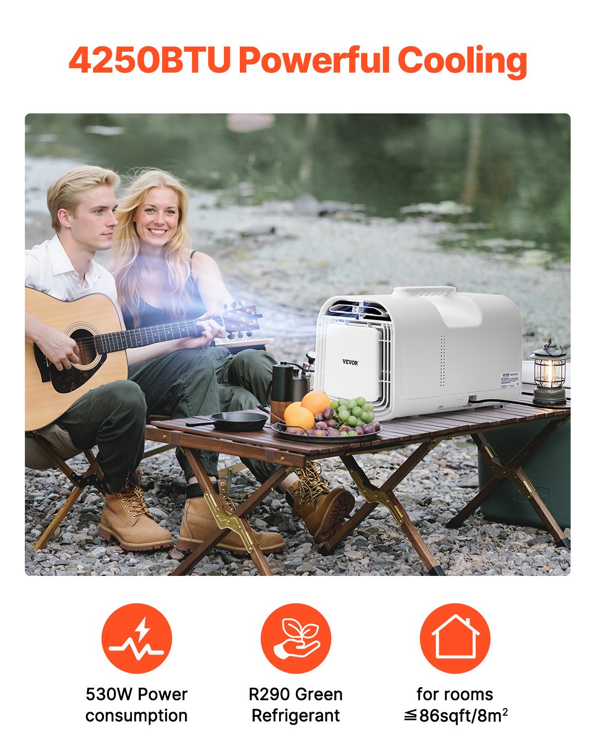 Aire acondicionado portátil VEVOR, 4250 BTU, 3 velocidades, temporizador de 24 horas, control remoto, temperatura ajustable de 16 a 32 °C, para acampar al aire libre, autocaravanas o uso doméstico, color blanco.