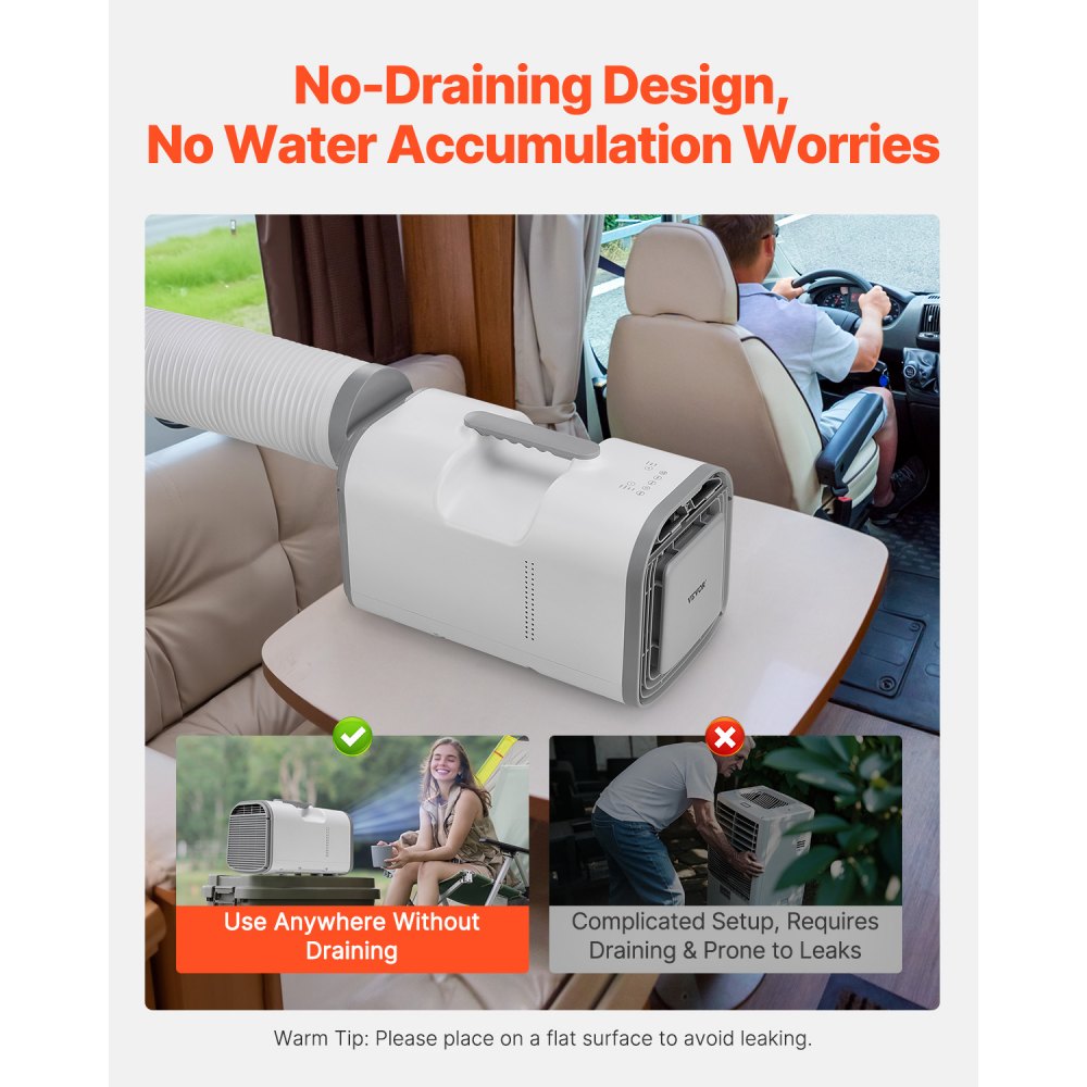 Aire acondicionado portátil VEVOR, 4250 BTU, 3 velocidades, temporizador de 24 horas, ajustable de 16 a 32 °C, compatible con CA/CC, para acampar al aire libre, autocaravanas o uso doméstico, color blanco.