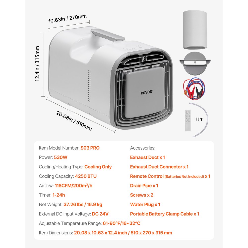 Aire acondicionado portátil VEVOR, 4250 BTU, 3 velocidades, temporizador de 24 horas, ajustable de 16 a 32 °C, compatible con CA/CC, para acampar al aire libre, autocaravanas o uso doméstico, color blanco.