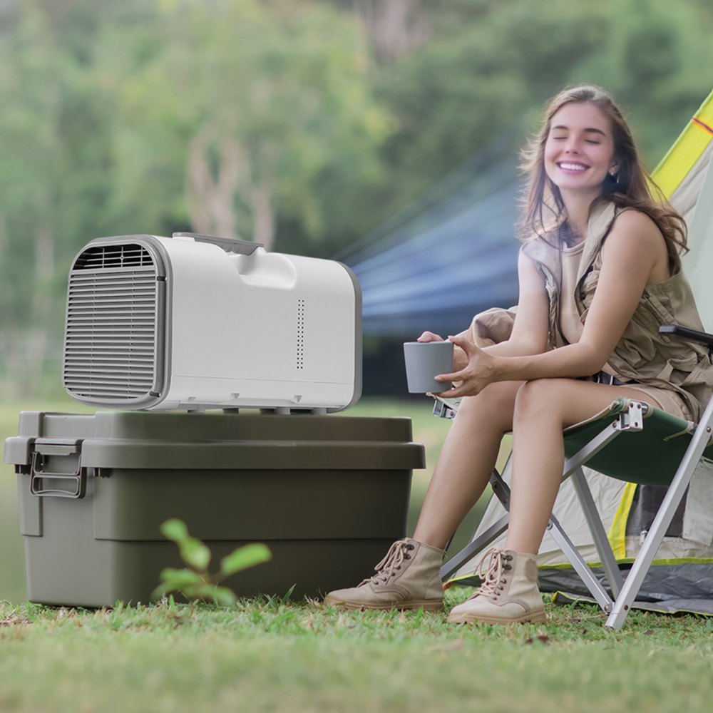 Aire acondicionado portátil VEVOR, 4250 BTU, 3 velocidades, temporizador de 24 horas, ajustable de 16 a 32 °C, compatible con CA/CC, para acampar al aire libre, autocaravanas o uso doméstico, color blanco.