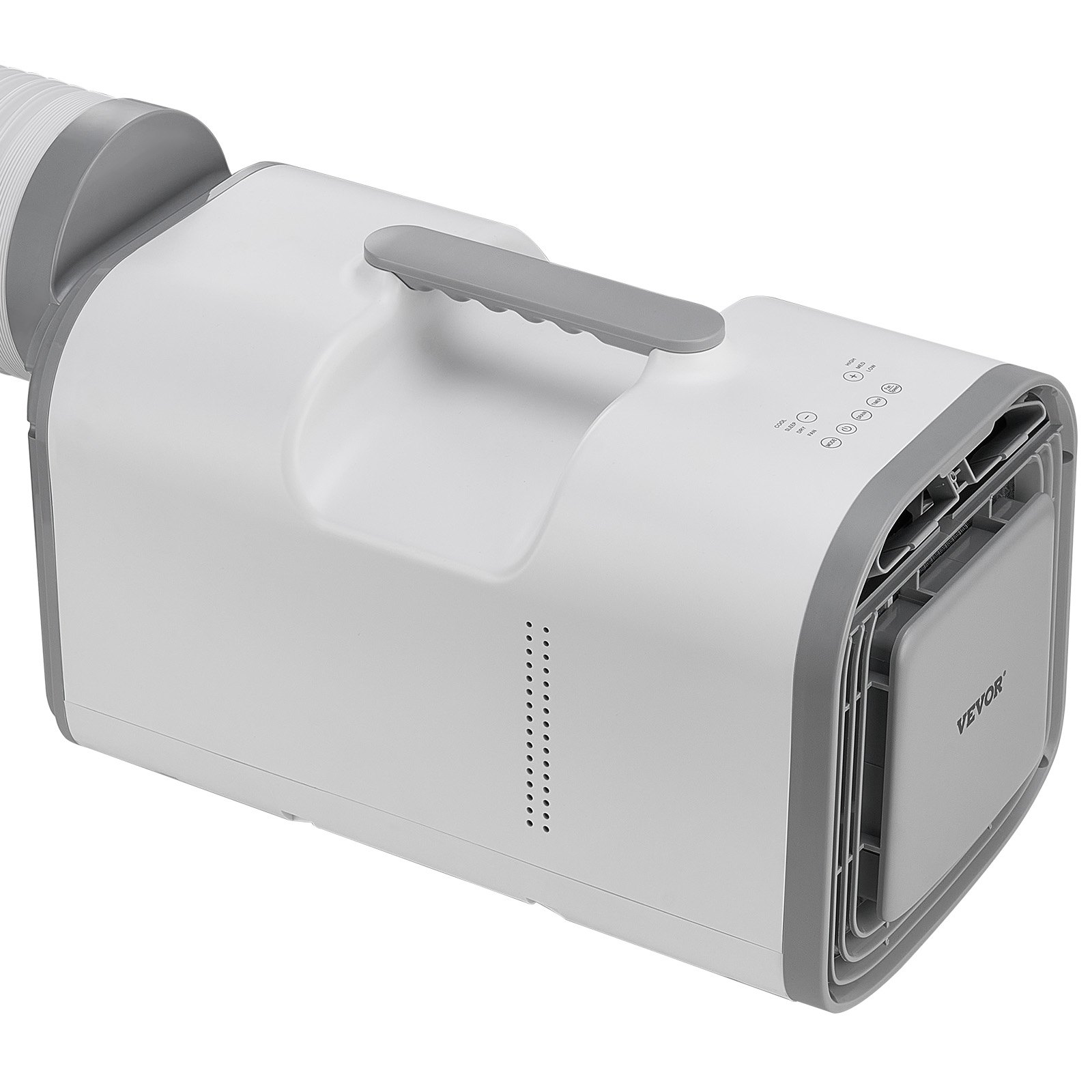 Aire acondicionado portátil VEVOR, 4250 BTU, 3 velocidades, temporizador de 24 horas, ajustable de 16 a 32 °C, compatible con CA/CC, para acampar al aire libre, autocaravanas o uso doméstico, color blanco.
