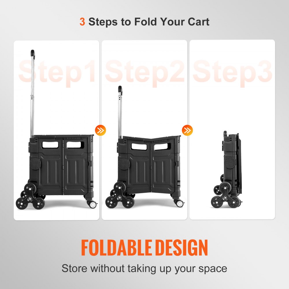 Carrito para subir escaleras VEVOR: diseño plegable en 3 pasos, ahorra espacio y es eficiente para un fácil almacenamiento.
