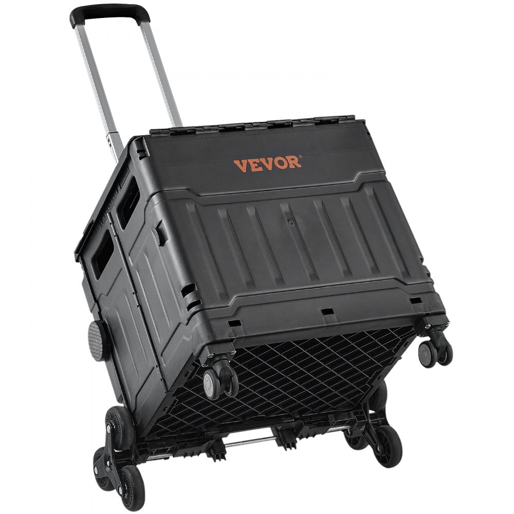 Carrito sube escaleras VEVOR con marco negro, asa plegable y diseño de seis ruedas.