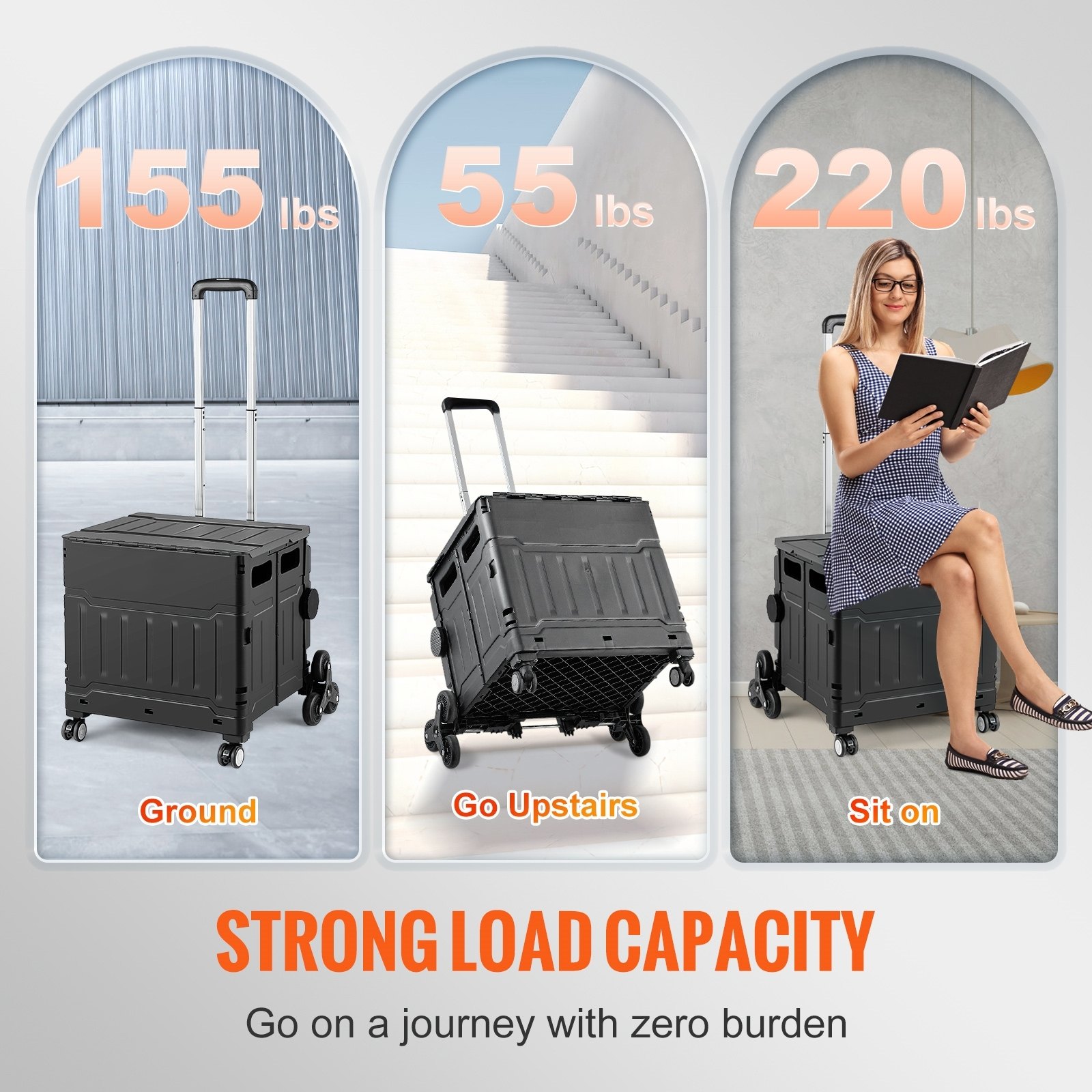 Carrito para subir escaleras VEVOR con capacidad de carga: 155 libras en el suelo, 55 libras en el piso y 220 libras como asiento.