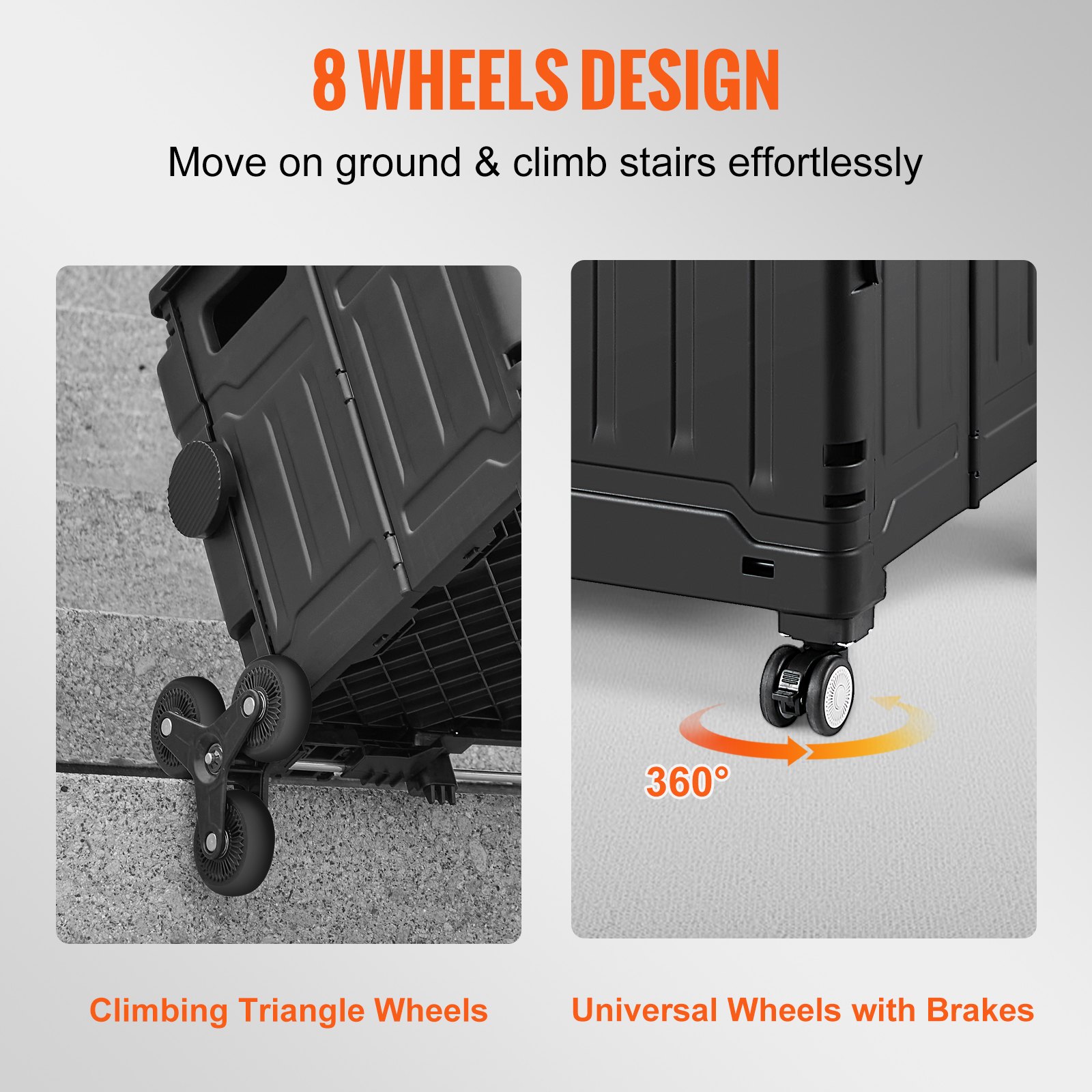 Carro sube escaleras VEVOR con diseño de 8 ruedas, con ruedas triangulares para subir escaleras y ruedas universales de 360°.