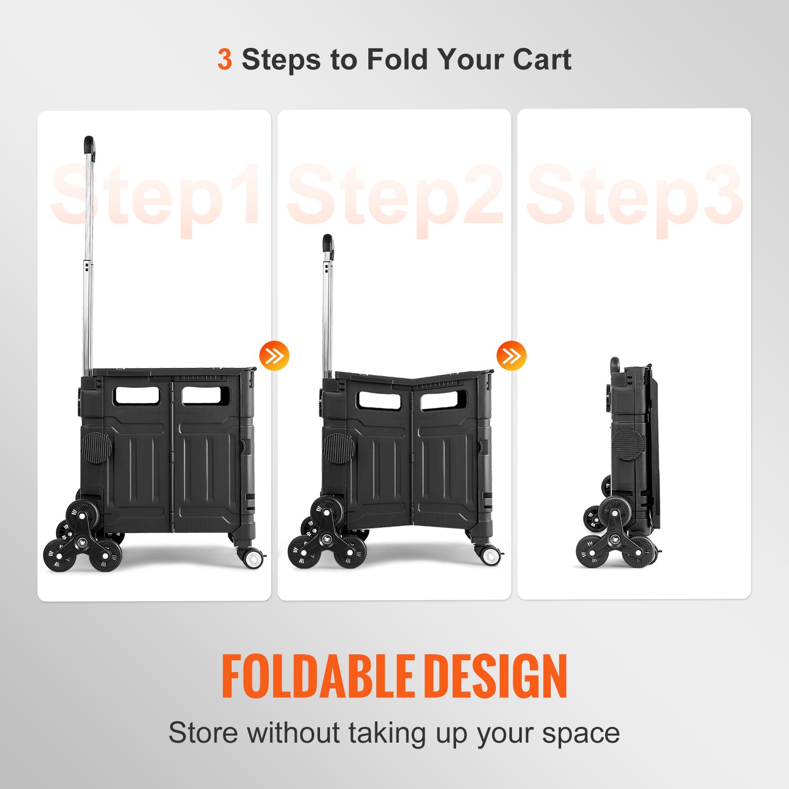 Carrito para subir escaleras VEVOR: diseño plegable en 3 pasos, ahorra espacio y es eficiente para un fácil almacenamiento.