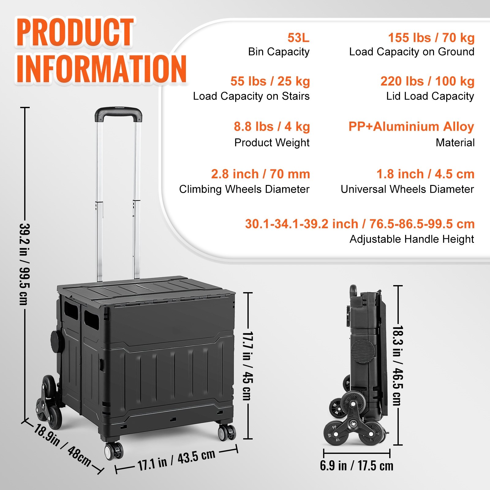 Carrito para subir escaleras VEVOR con capacidad de contenedor de 53 l, asa plegable y ajustable y diseño de tres ruedas.