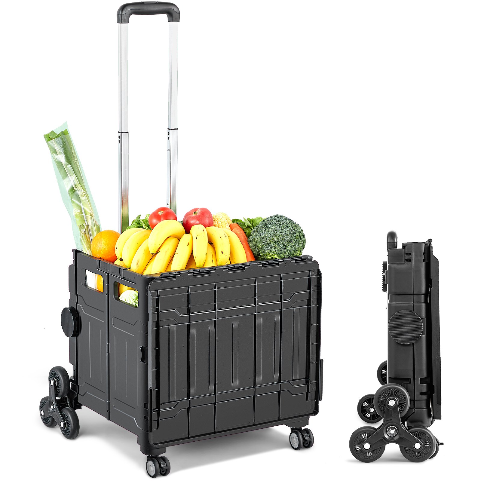 Carrito para subir escaleras VEVOR cargado con comestibles, mostrado en uso y en estado plegado.