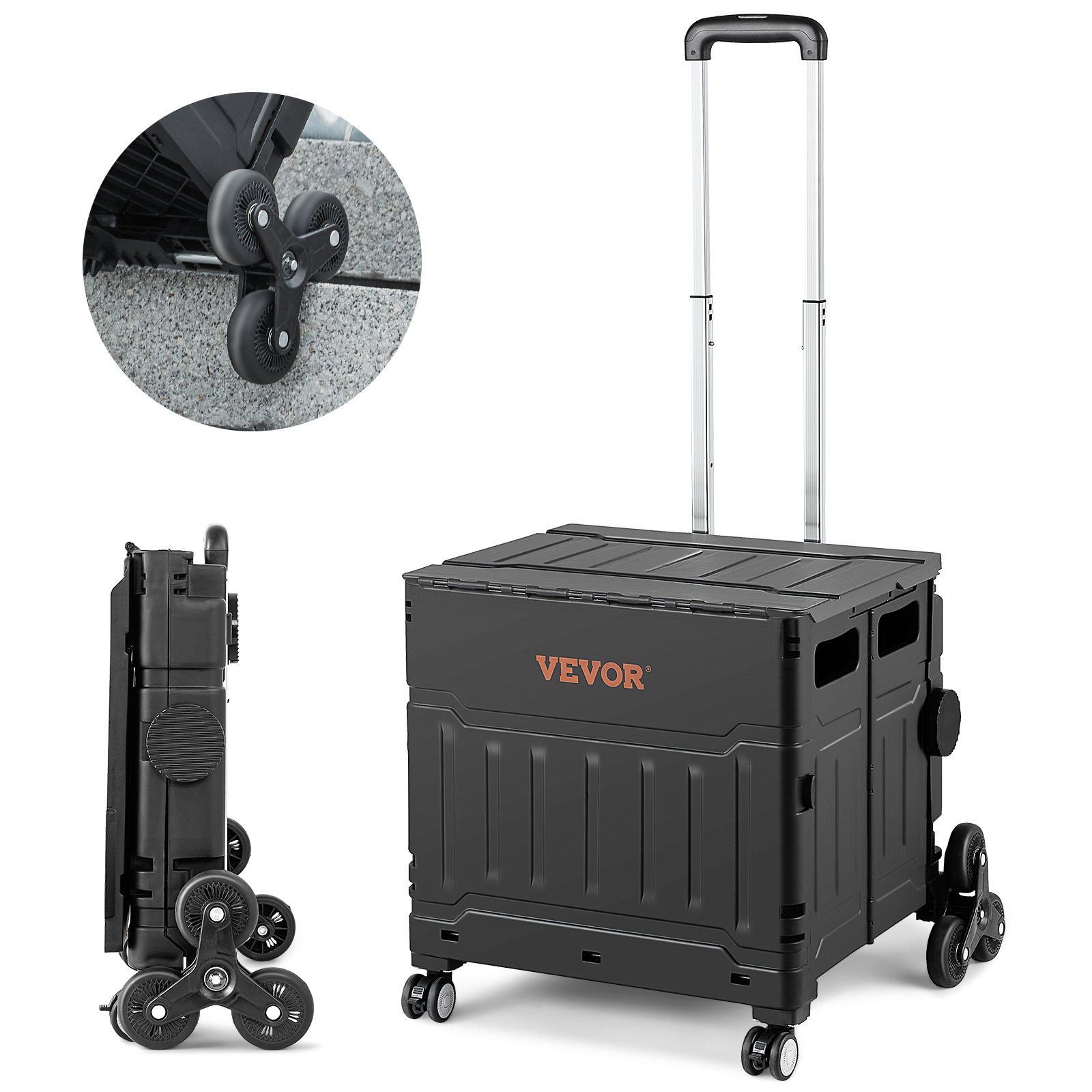 Carro sube escaleras VEVOR con diseño plegable y sistema de tres ruedas para un fácil transporte.