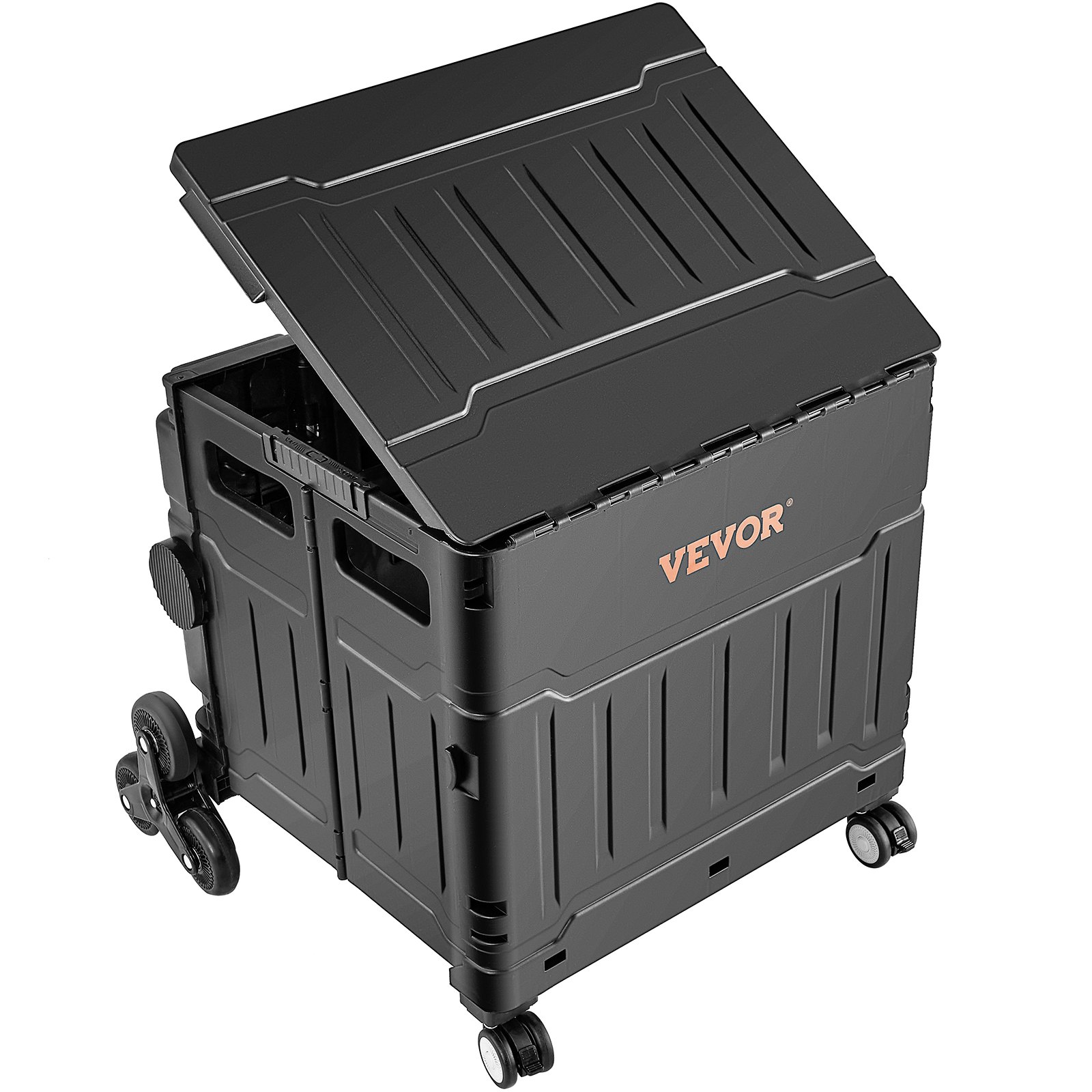 Carro sube escaleras robusto VEVOR con tapa plegable y seis ruedas para facilitar el transporte.