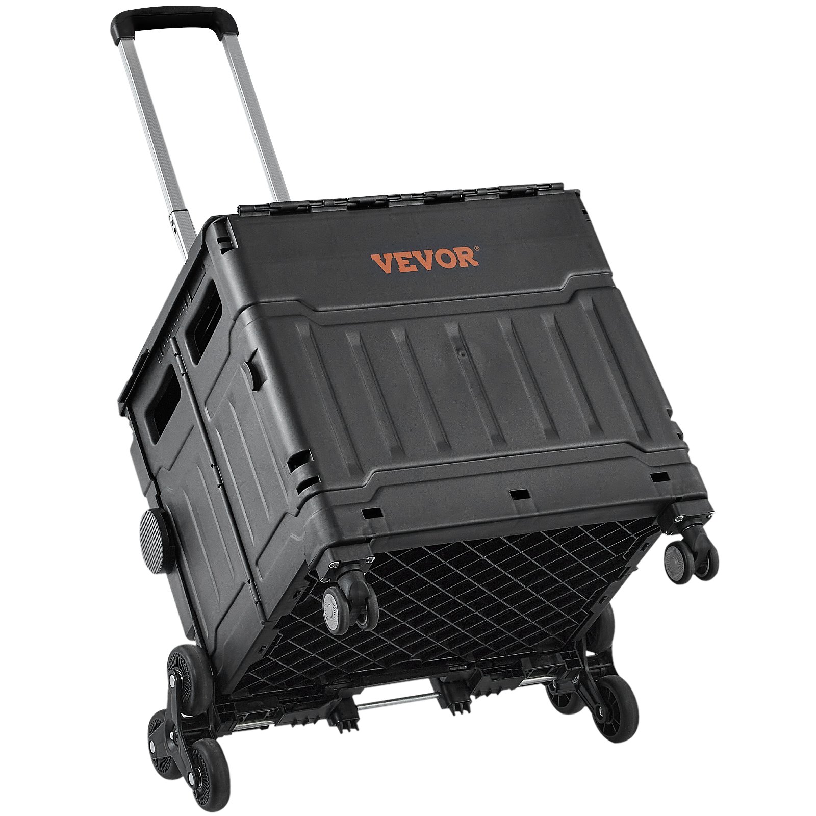 Carrito sube escaleras VEVOR con marco negro, asa plegable y diseño de seis ruedas.