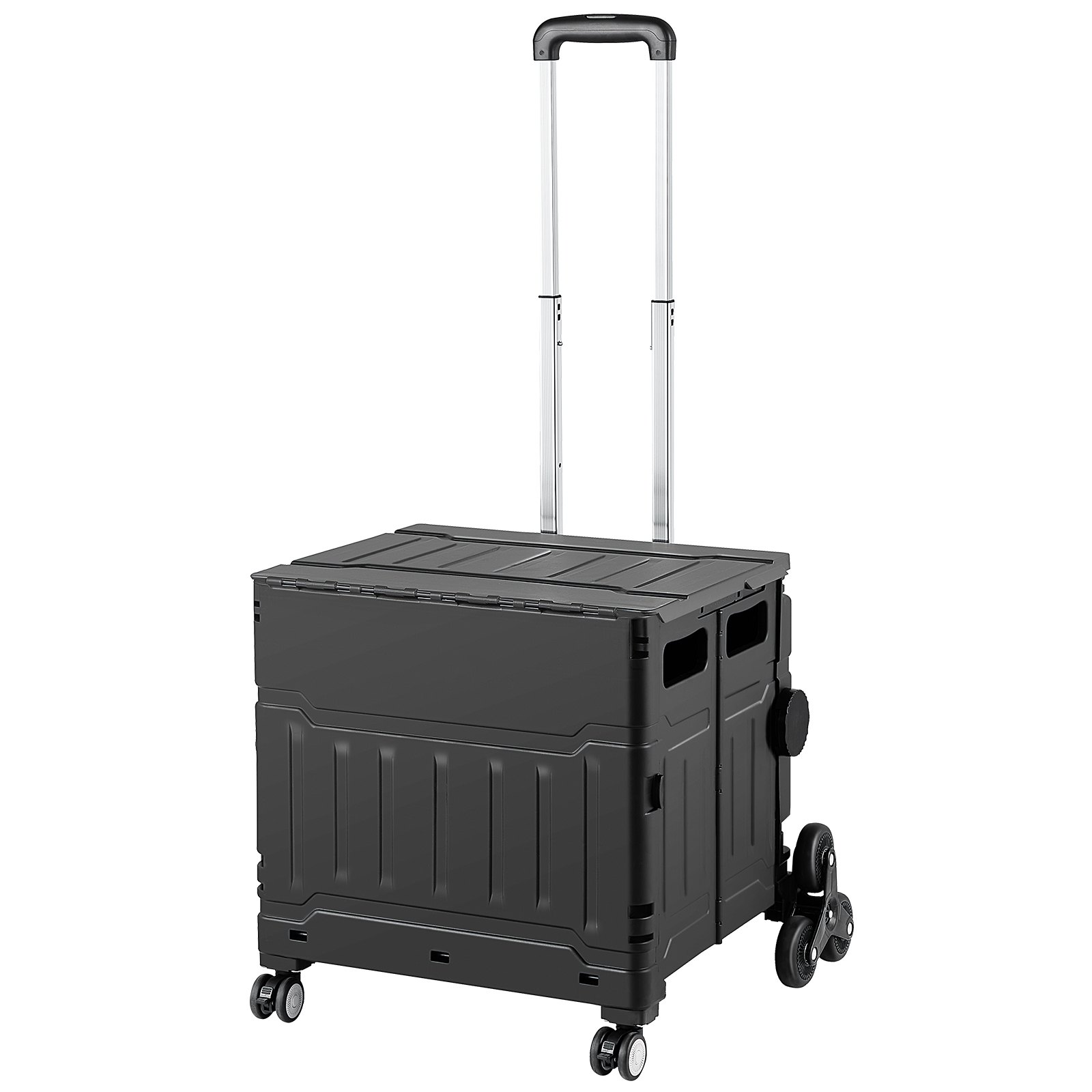 Carro sube escaleras VEVOR con mango telescópico y diseño de seis ruedas para facilitar su elevación.