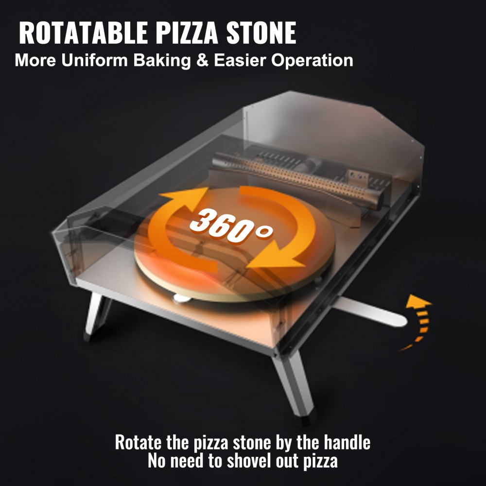 Horno de pizza para exteriores VEVOR de 40 cm, a gas, parrilla portátil de acero inoxidable para exteriores con piedra giratoria de 360°, cubierta impermeable, despegable, termómetro infrarrojo, quemador de gas y certificación CSA.