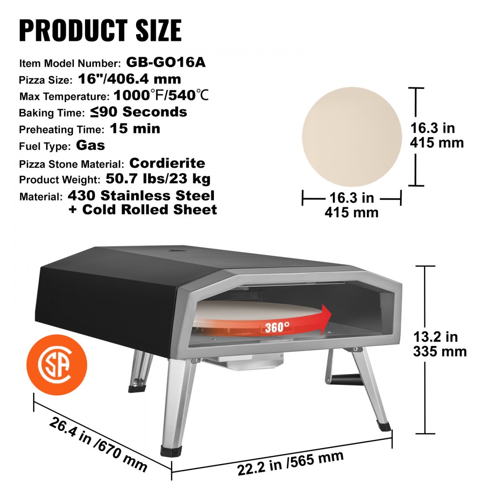 Horno de pizza para exteriores VEVOR de 40 cm, a gas, parrilla portátil de acero inoxidable para exteriores con piedra giratoria de 360°, cubierta impermeable, despegable, termómetro infrarrojo, quemador de gas y certificación CSA.