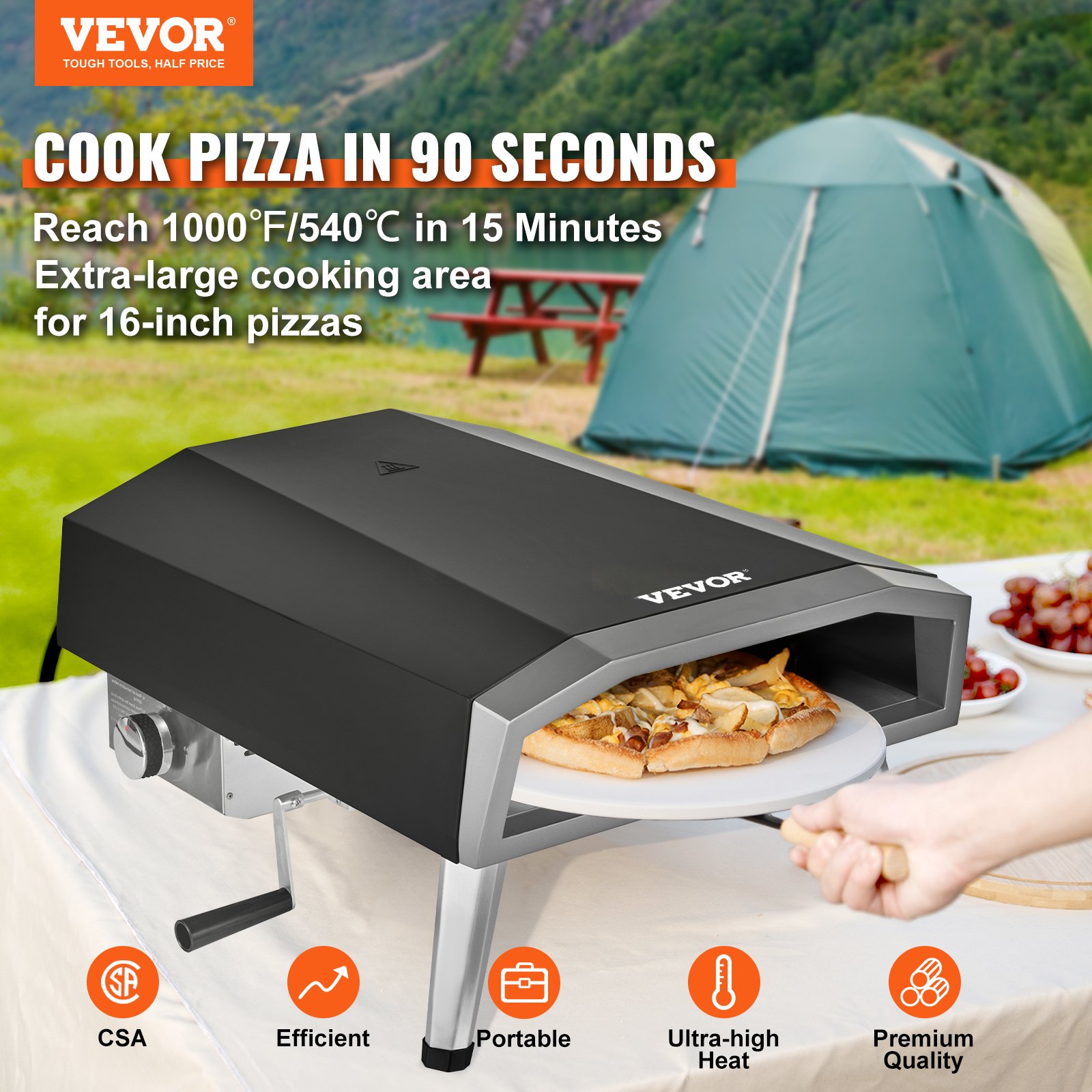 Horno de pizza para exteriores VEVOR de 40 cm, a gas, parrilla portátil de acero inoxidable para exteriores con piedra giratoria de 360°, cubierta impermeable, despegable, termómetro infrarrojo, quemador de gas y certificación CSA.