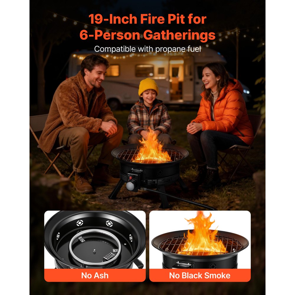 Brasero de propano VEVOR de 48 cm (19 pulgadas), 53.000 BTU, portátil, con parrilla y rocas de lava, llama ajustable, patas plegables, sin humo, para exteriores, ideal para acampar, patio, jardín, terraza, caravana, color negro.