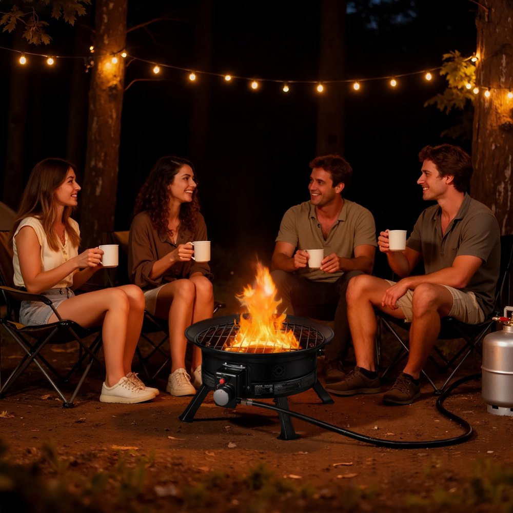 Brasero de propano VEVOR de 48 cm (19 pulgadas), 53.000 BTU, portátil, con parrilla y rocas de lava, llama ajustable, patas plegables, sin humo, para exteriores, ideal para acampar, patio, jardín, terraza, caravana, color negro.