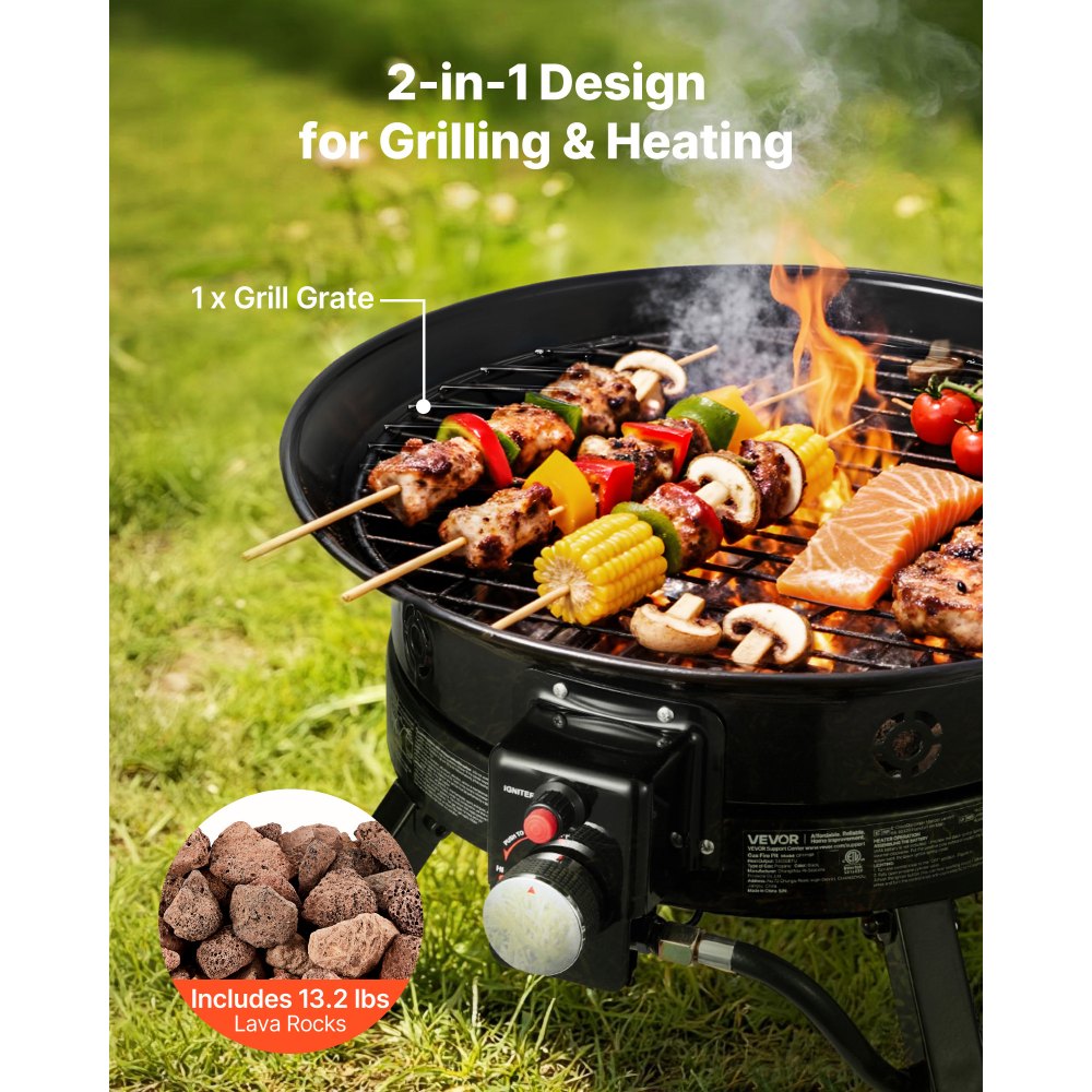 Brasero de propano VEVOR de 61 cm (24 pulgadas), 53.000 BTU, portátil, con parrilla y rocas de lava, llama ajustable, patas plegables, sin humo, para exteriores, ideal para acampar, patio, jardín, terraza, caravana, color negro.