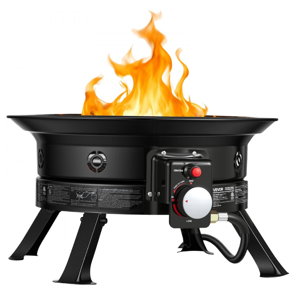 Brasero de propano VEVOR de 61 cm (24 pulgadas), 53.000 BTU, portátil, con parrilla y rocas de lava, llama ajustable, patas plegables, sin humo, para exteriores, ideal para acampar, patio, jardín, terraza, caravana, color negro.