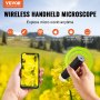 Microscopio digital inalámbrico VEVOR, de mano, escaneando una flor amarilla, compatible con iOS y Android.