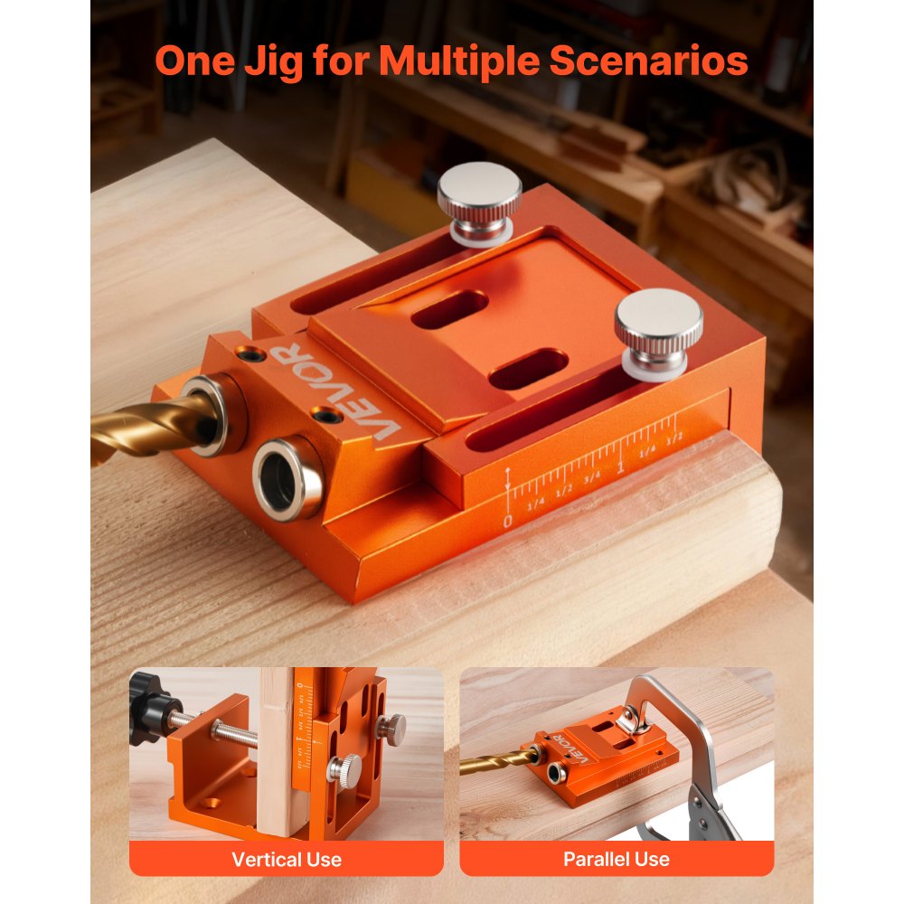 VEVOR Pocket Hole Jig Kit, 0.47 to 1.89 in Adjustable, Jig Pocket Hole System with Step Drill, Hex Wrench, Drill Stop Ring, Square Drive Bit, Plugs and Screws, Reinforced Metal Frame, for Woodworking