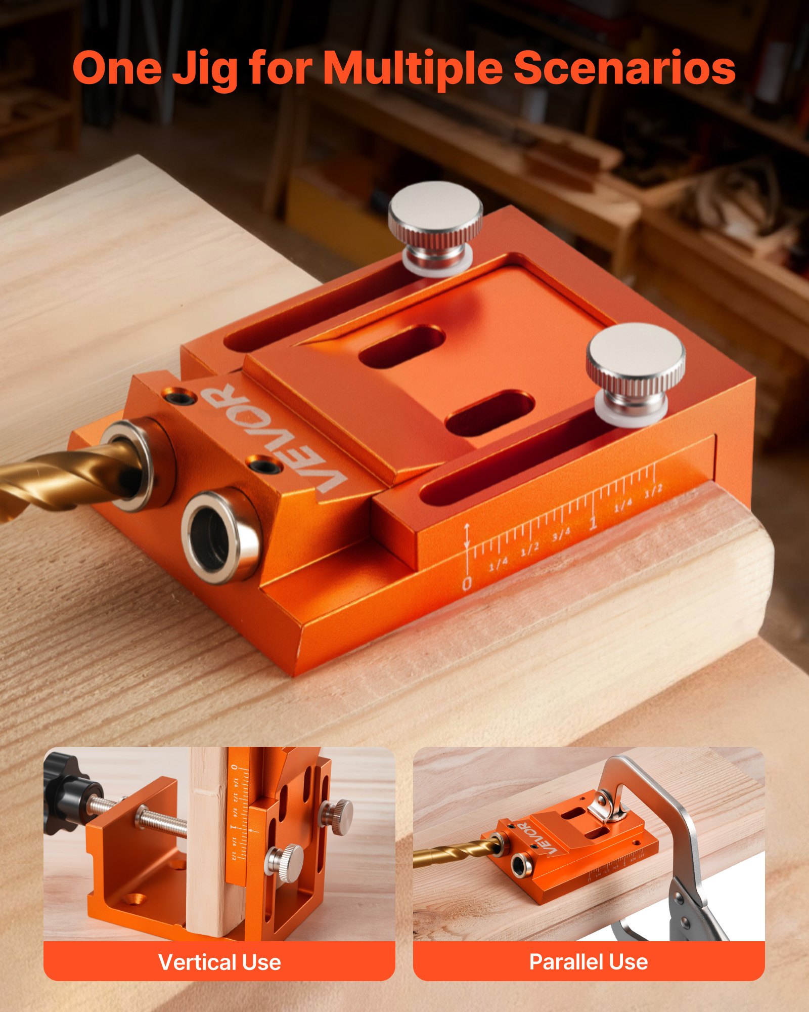 VEVOR Pocket Hole Jig Kit, 0.47 to 1.89 in Adjustable, Jig Pocket Hole System with Step Drill, Hex Wrench, Drill Stop Ring, Square Drive Bit, Plugs and Screws, Reinforced Metal Frame, for Woodworking