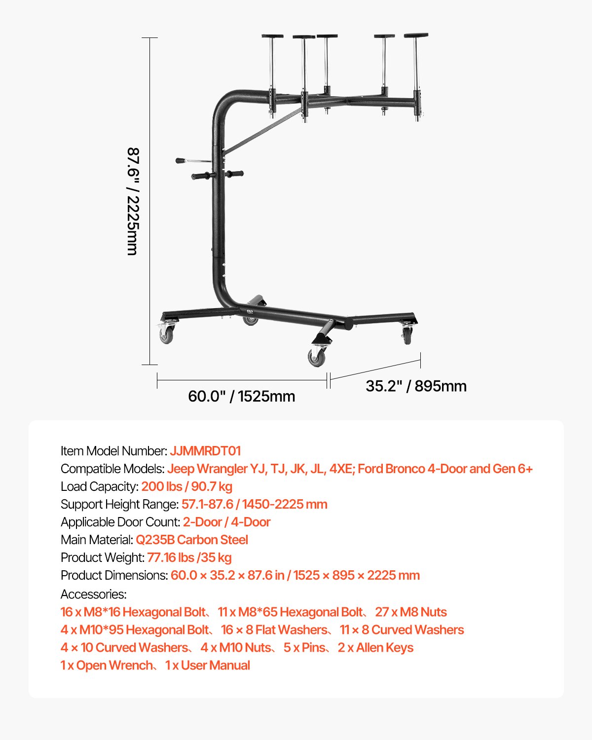 Elevador de techo rígido VEVOR, 200 lb, sistema de extracción y almacenamiento de techo rígido para Jeep, fácil de operar por una sola persona, compatible con Jeep Wranglers de 2 y 4 puertas YJ, TJ, JK, JL y 4XE y Ford Bronco de 4 puertas y 6.ª generación+