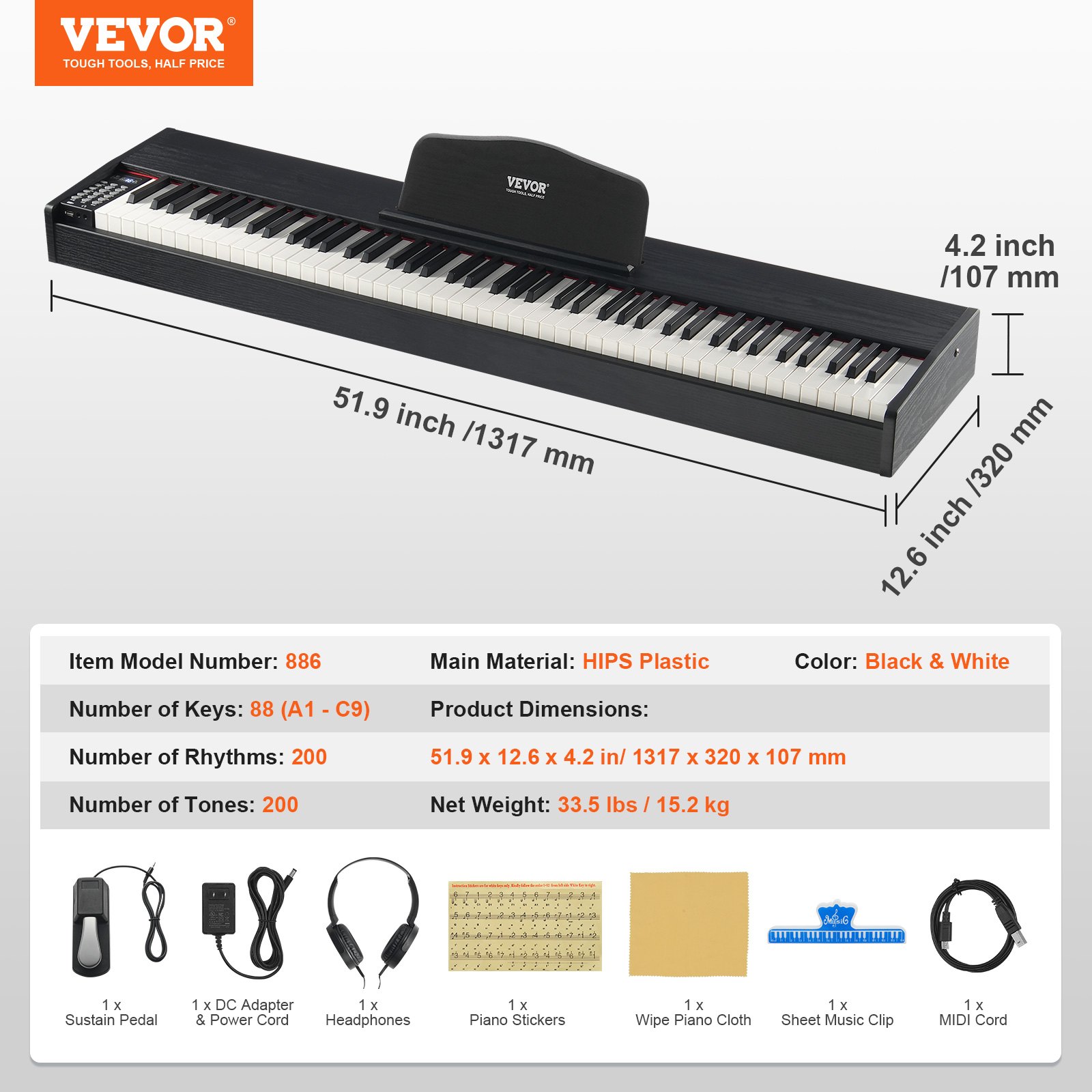VEVOR Piano Digital Ponderado 88 Teclas Totalmente Ponderadas, Piano Eléctrico con Teclado Dual y Parlantes, Pedal de Sustain, Auriculares, 200 Tonos y Ritmos, Compatible con Bluetooth/USB/MIDI