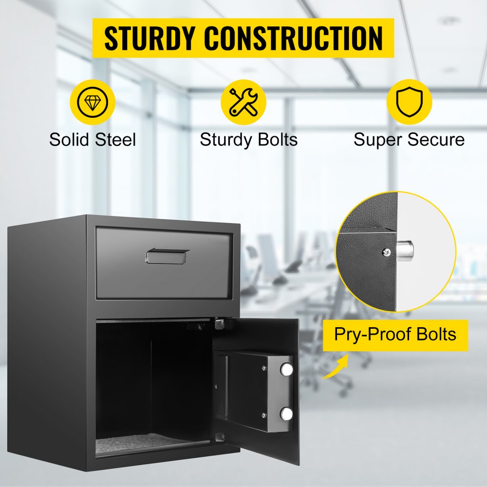 Caja fuerte digital VEVOR de 1,7 pies cúbicos, fabricada en acero al carbono, con cerradura electrónica de código y ranura para dos llaves de emergencia, ideal para el hogar, hotel, restaurante y oficina.