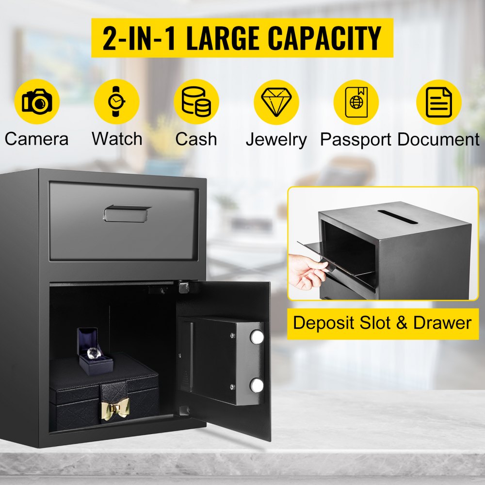 Caja fuerte digital VEVOR de 1,7 pies cúbicos, fabricada en acero al carbono, con cerradura electrónica de código y ranura para dos llaves de emergencia, ideal para el hogar, hotel, restaurante y oficina.